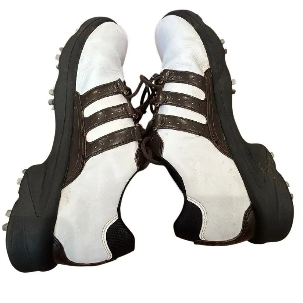 adidas Adipure Men's Golf Shoes Leather Spiked Lace Up White Brown Black size 9